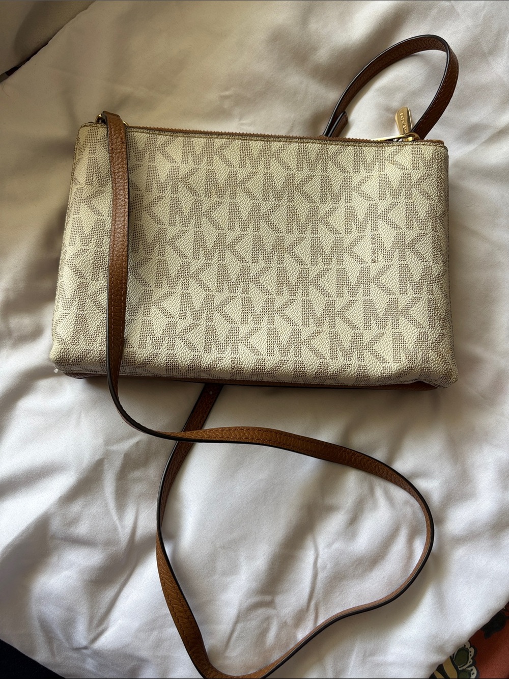 Michael Kors Beige Logo Crossbody Double Sided with Brown Leather Strap
